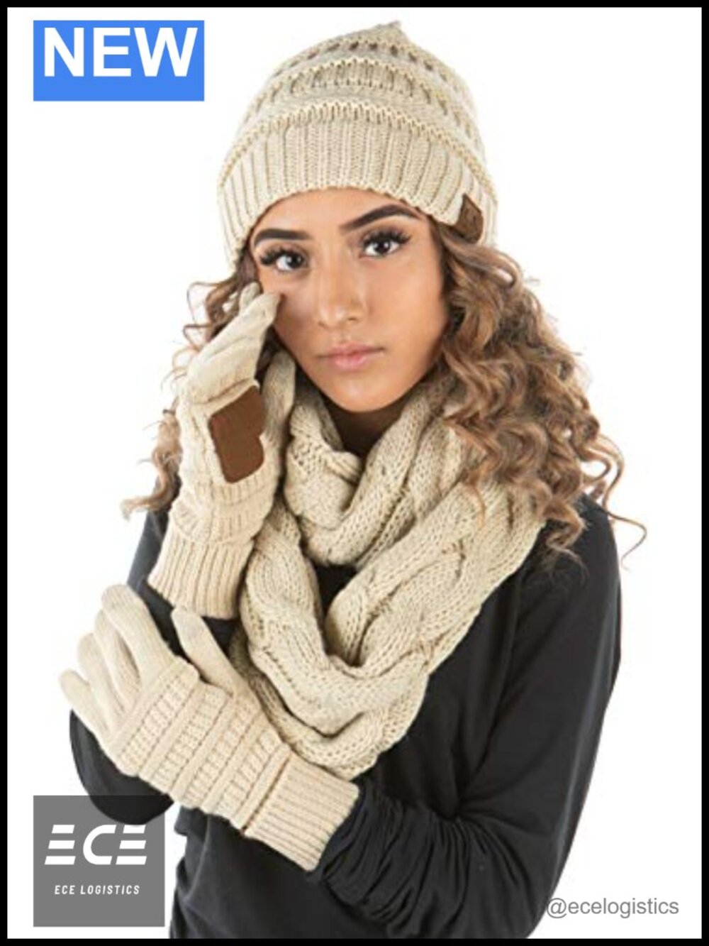 Cable Knit Beanie Gloves Infinity Scarf Set 100% Acrylic Winter Accessories